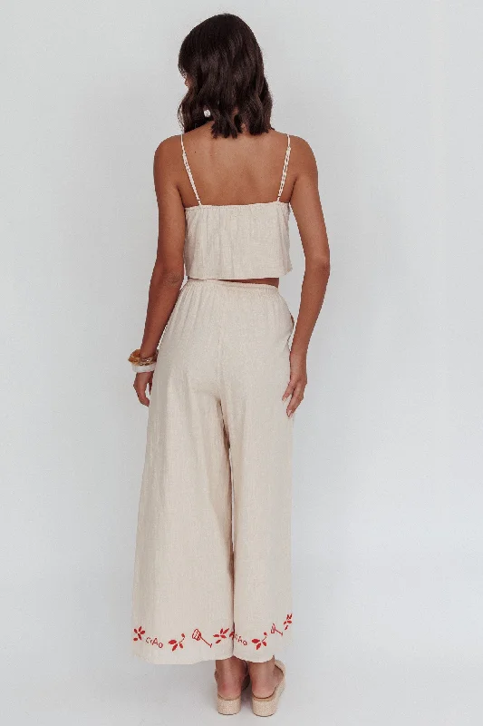 Sorrento Summer Embroidered Wide-Leg Pants Oat