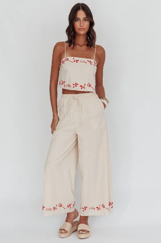 Sorrento Summer Embroidered Wide-Leg Pants Oat