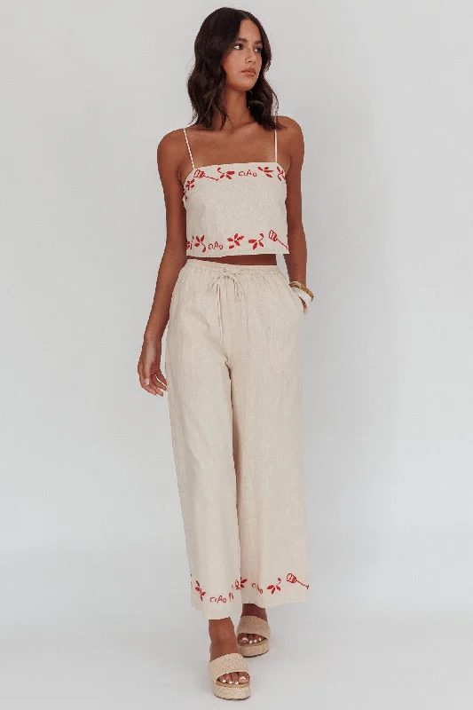 Sorrento Summer Embroidered Wide-Leg Pants Oat