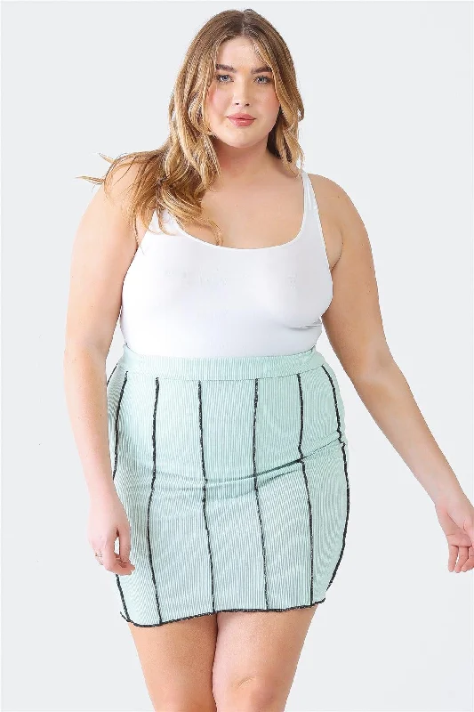 Plus Size Mint Ribbed Seam High Waist Mini Skirt