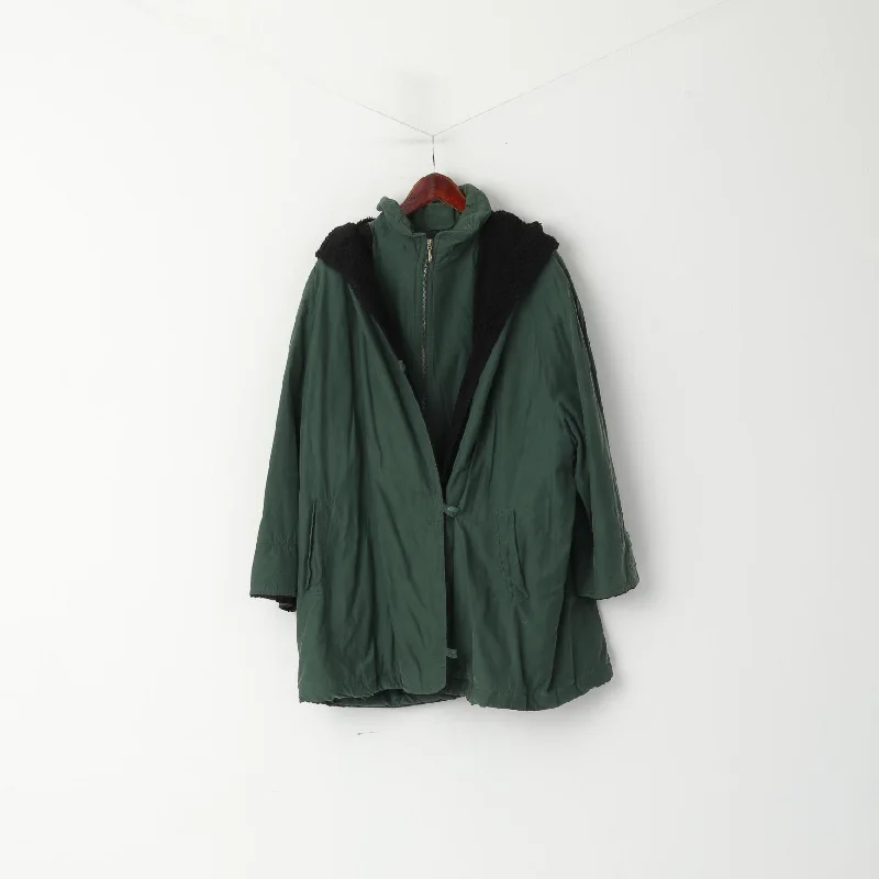 Vintage Women 18 44 XXL Coat Green Wool Cotton Hooded Oversize Jacket