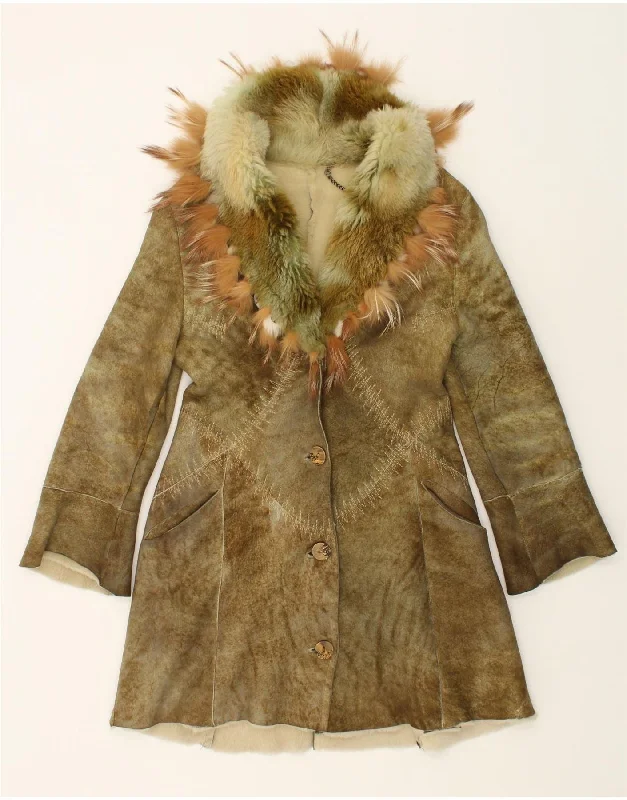 VINTAGE Womens Shearling Coat UK 8 Small Green Shearling