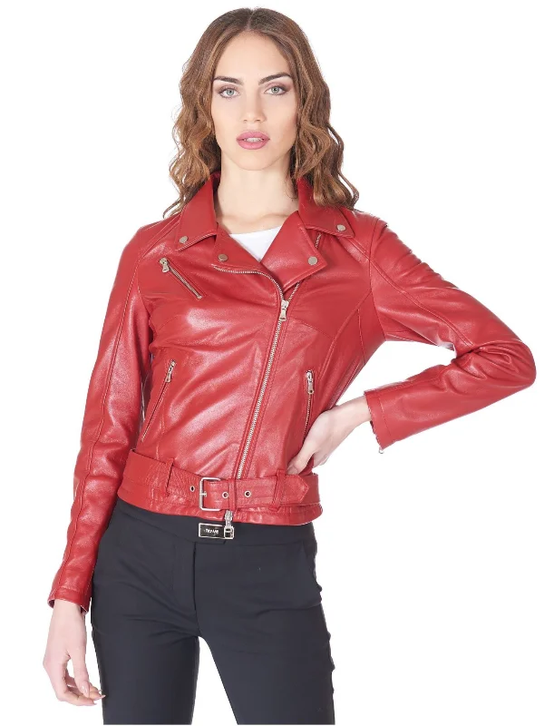 Women Belt Closure Red Biker Leather Jacket