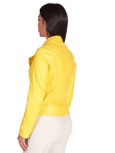 Women Belt Closure Yellow Biker Leather Jacket