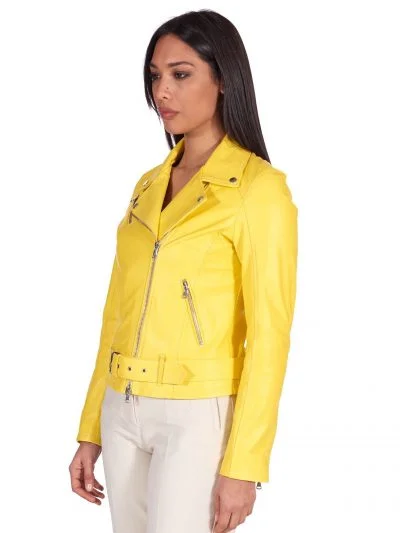 Women Belt Closure Yellow Biker Leather Jacket