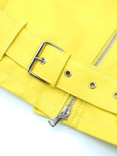 Women Belt Closure Yellow Biker Leather Jacket