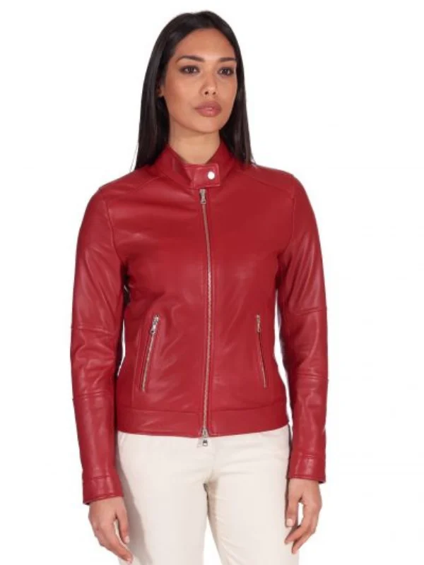 Women Red Leather Motor Cycle Jacket