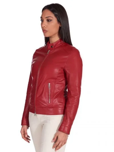 Women Red Leather Motor Cycle Jacket