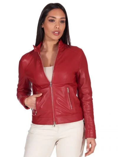 Women Red Leather Motor Cycle Jacket