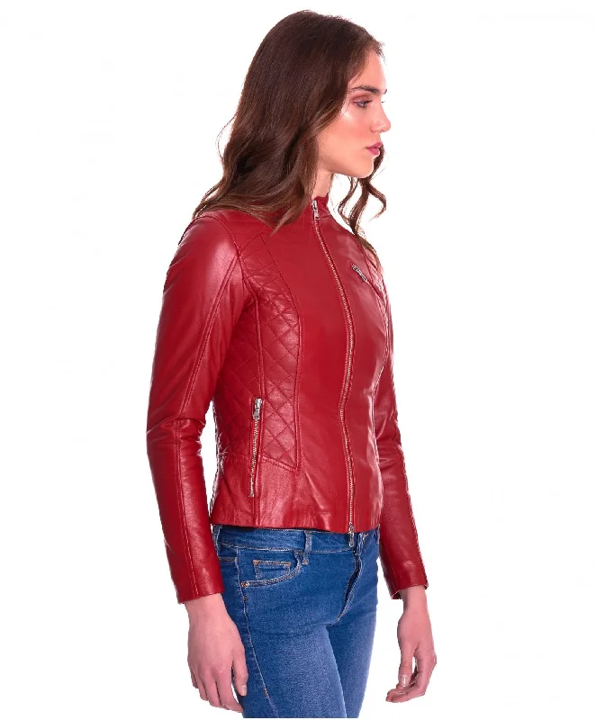 Women Zipper Red Biker Leather Jacket