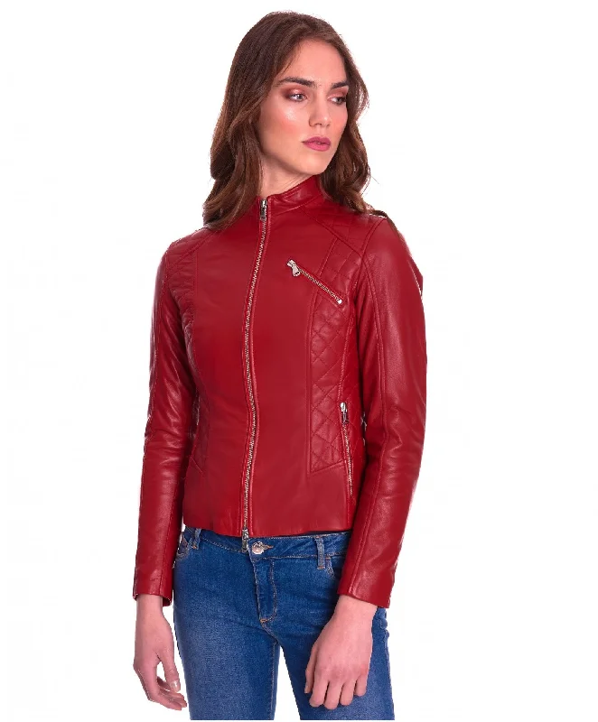 Women Zipper Red Biker Leather Jacket