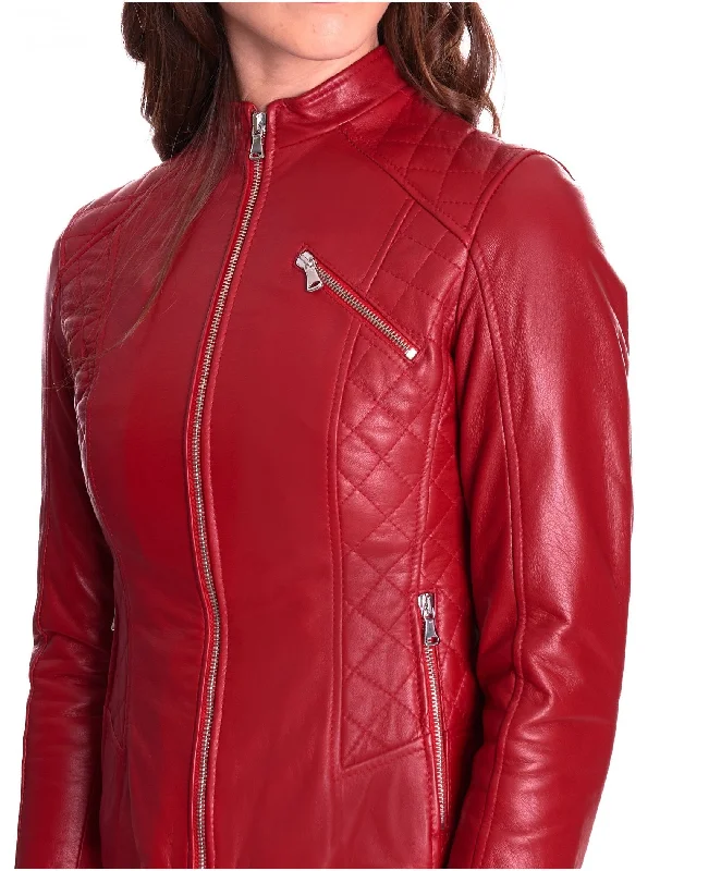 Women Zipper Red Biker Leather Jacket