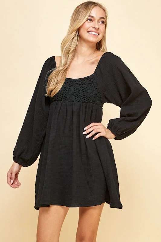 Crochet Gauze Puff Sleeve Dress (FINAL SALE)