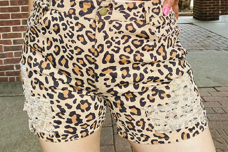 DLH14791 Leopard printed denim women shorts with/holes and pockets