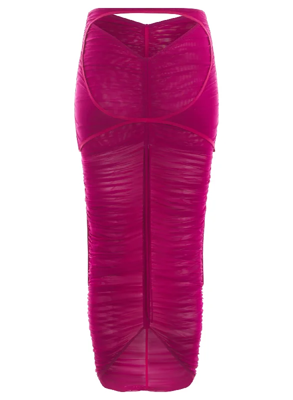 magenta ruched mesh skirt