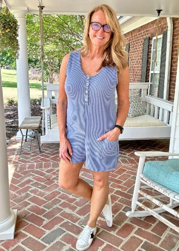 Sleeveless Ribbed Romper - Denim Blue