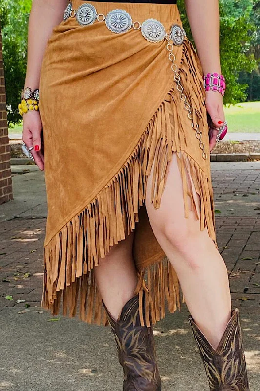 XCH13467S Tan suede fringe tassel skirt IS17