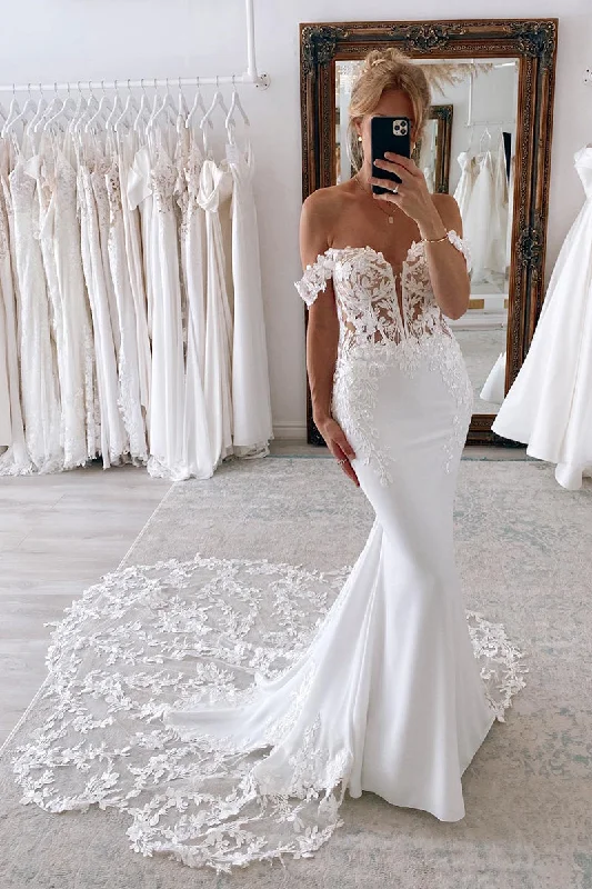 A-line dress – Dress that is fitted at the top and gradually flares out, creating an A-shape silhouette.A-line dress – Dress that is fitted at the top and gradually flares out, creating an A-shape silhouette.Illusion Deep V Neck Lace Appliques Mermaid Wedding Dress with Court Train QW2149