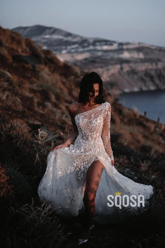 Corset dress – Dress designed with a built-in corset or lace-up feature to create a cinched, structured waist.Corset dress – Dress designed with a built-in corset or lace-up feature to create a cinched, structured waist.Unique One Shoulder Allover Lace Bohemian Wedding Dress with Split QW2633