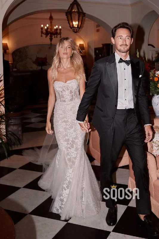Maxi dress – Long dress that typically reaches the ankles or floor, offering a flowing and elegant look.Maxi dress – Long dress that typically reaches the ankles or floor, offering a flowing and elegant look.Trumpet/Mermaid Strapless Lace Sheer Boho Wedding Dress Bridal Gown QW8015