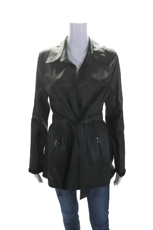 Cropped – Short in length, above the waistCropped – Short in length, above the waistIn Transit Women's Collared Long Sleeves Tie Waist Leather Jacket Black