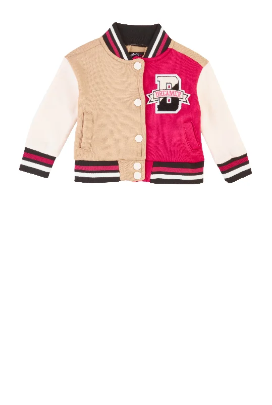 Breathable – Allows airflow, keeps you coolBreathable – Allows airflow, keeps you coolBaby Girls 0-9M Dreamer Chenille Graphic Color Block Varsity Jacket