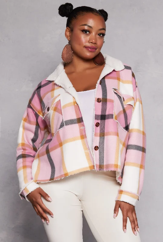 Breathable – Allows airflow, keeps you coolBreathable – Allows airflow, keeps you coolPlus Size Plaid Sherpa Lined Raw Hem Shacket